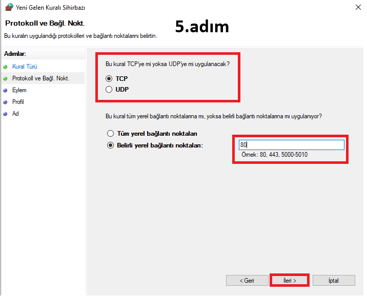 Windows güvenlik duvarı protokol seçimi